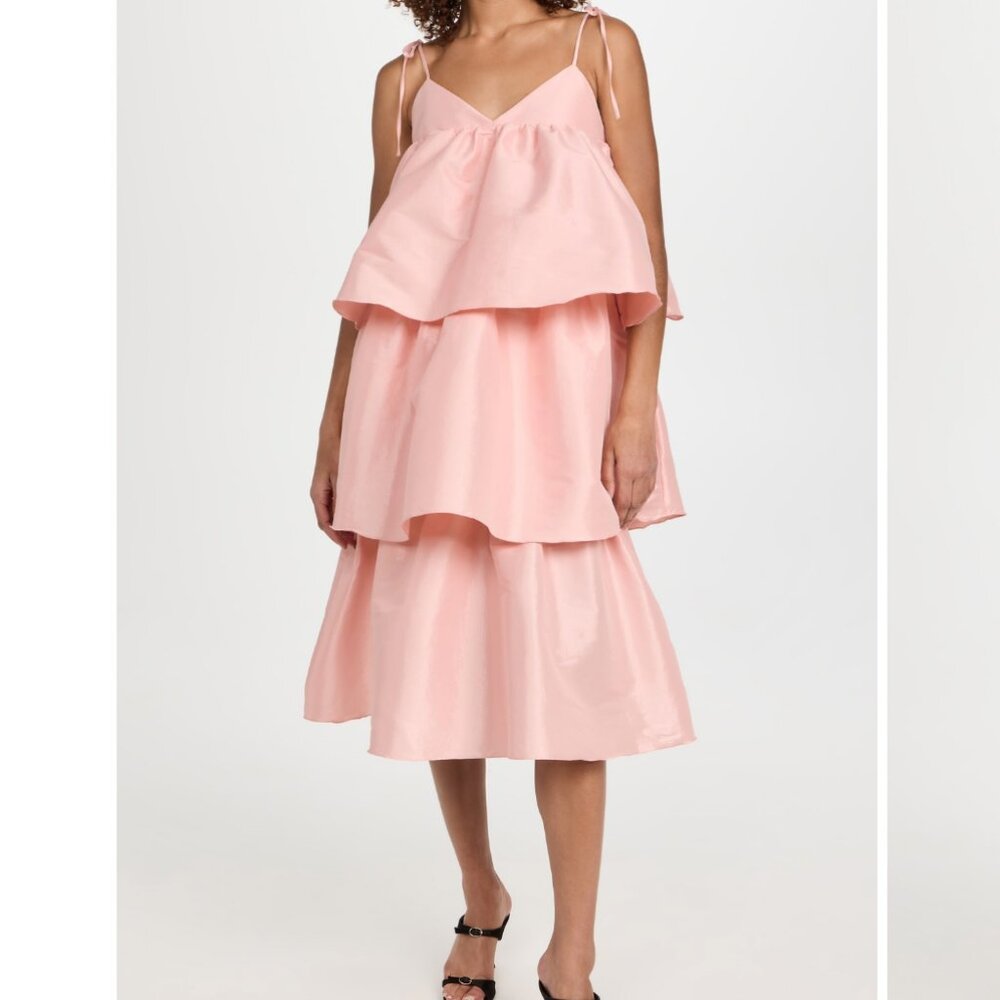 KIKA VARGAS Liere Tiered Midi Dress In Pink Taffeta